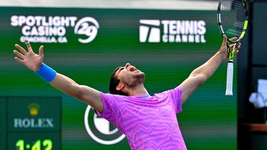 Mar 17, 2024; Indian Wells, CA, USA; Carlos Alcaraz (ESP) celebrates match point defeating Daniil Medvedev (RUS) in the men’s final of the BNP Paribas open at the Indian Wells Tennis Garden. Mandatory Credit: Jayne Kamin-Oncea-USA TODAY Sports TPX IMAGES OF THE DAY