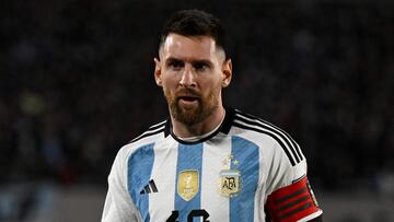Argentina's forward Lionel Messi looks on during the 2026 FIFA World Cup South American qualifiers football match between Argentina and Ecuador, at the Mas Monumental stadium in Buenos Aires, on September 7, 2023. (Photo by Luis ROBAYO / AFP)