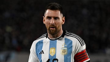 Argentina's forward Lionel Messi looks on during the 2026 FIFA World Cup South American qualifiers football match between Argentina and Ecuador, at the Mas Monumental stadium in Buenos Aires, on September 7, 2023. (Photo by Luis ROBAYO / AFP)