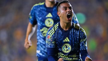Erick Sanchez celebrates his goal 1-2 of America during the 5th round match between Tigres UANL and America as part of the Liga BBVA MX, Torneo Apertura 2025 at Universitario Stadium, on August 16, 2025 in Monterrey, Nuevo Leon, Mexico.