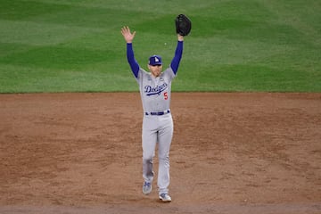 NEW YORK, NEW YORK - OCTOBER 30: Freddie Freeman #5 of the Los Angeles Dodgers reacts after the second out during the ninth inning of Game Five of the 2024 World Series against the New York Yankees at Yankee Stadium on October 30, 2024 in the Bronx borough of New York City.   Luke Hales/Getty Images/AFP (Photo by Luke Hales / GETTY IMAGES NORTH AMERICA / Getty Images via AFP)