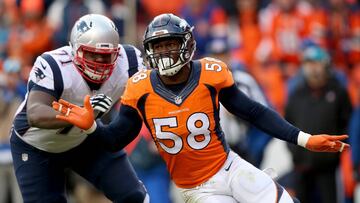 DENVER, CO - JANUARY 24:  Von Miller #58 of the Denver Broncos rushes against Cameron Fleming #71 of the New England Patriots in the second half in the AFC Championship game at Sports Authority Field at Mile High on January 24, 2016 in Denver, Colorado.  (Photo by Doug Pensinger/Getty Images)