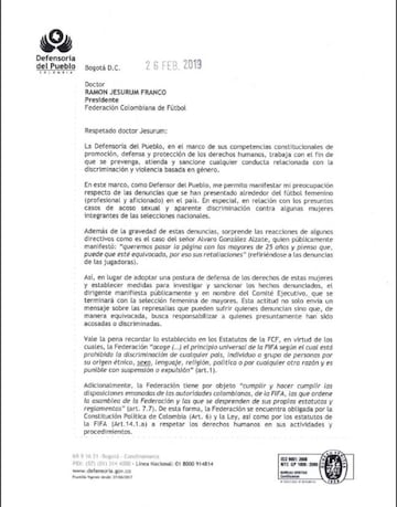 Carta Defensoría del Pueblo a la FCF