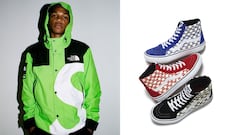 A la izquierda, un chico con una chaqueta verde The North Face x Supreme. A la derecha, tres zapatillas Vans Sk8-Hi Old Skool x Supreme. Ambas marcas de VF Corporation. 