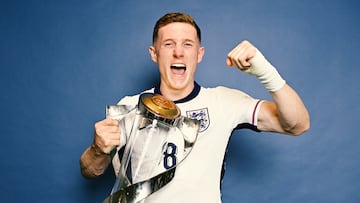 BRATISLAVA, SLOVAKIA - JUNE 28: Elliot Anderson of England poses for a photograph with the UEFA European Under-21 Championship trophy during the official UEFA European Under-21 Championship 2025 Winners' Portraits shoot following the UEFA European Under-21 Championship 2025 Final match between England and Germany at National Football stadium on June 28, 2025 in Bratislava, Slovakia. (Photo by Tullio Puglia - UEFA/UEFA via Getty Images)