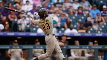 DENVER, CO - AUGUST 2: Fernando Tatis Jr. #23 of the San Diego Padres hits a three-run home run in the ninth inning against the Colorado Rockies at Coors Field on August 2, 2023 in Denver, Colorado.   Justin Edmonds/Getty Images/AFP (Photo by Justin Edmonds / GETTY IMAGES NORTH AMERICA / Getty Images via AFP)