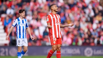 ALMERIA, SPAIN - JANUARY 08: Luis Javier Suarez of UD Almeria reacts during the LaLiga Santander match between UD Almeria and Real Sociedad at Juegos Mediterraneos on January 08, 2023 in Almeria, Spain. (Photo by Silvestre Szpylma/Quality Sport Images/Getty Images)