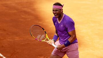 ROME, ITALY - MAY 15: Rafael Nadal of Spain celebrates match point during his semi-final match with Reilly Opelka of USA on Day Eight of the Internazionali BNL D'Italia 2021 at Foro Italico on May 15, 2021 in Rome, Italy. (Photo by Clive Brunskill/Getty Images)