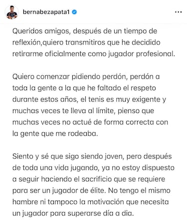 Bernabé Zapata se retira a los 28 años