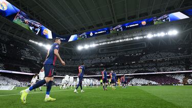 MADRID, SPAIN - OCTOBER 26: A general view as the players walk out prior to the LaLiga match between Real Madrid CF and FC Barcelona at Estadio Santiago Bernabeu on October 26, 2024 in Madrid, Spain. (Photo by David Ramos/Getty Images)