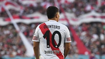 Juan Fernando Quintero of River Plate plays during the match between River Plate and Deportivo Riestra at Estadio Mas Monumental in Buenos Aires, Argentina, on September 28. (Photo by Federico Peretti/NurPhoto via Getty Images)