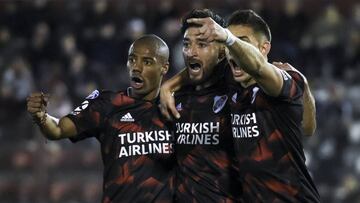 BUENOS AIRES, ARGENTINA - SEPTEMBER 14: Milton Casco of River Plate celebrates with teammates after scoring the first goal of his team during a match between Huracan and River Plate as part of Superliga Argentina 2019/20 at Tomas Adolfo Duco Stadium on Se