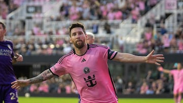 Inter Miami's Argentine forward #10 Lionel Messi celebrates after scoring his second goal during the MLS football match between Orlando City and Inter Miami FC at Chase Stadium in Fort Lauderdale, Florida, on March 2, 2024. (Photo by Chris ARJOON / AFP)