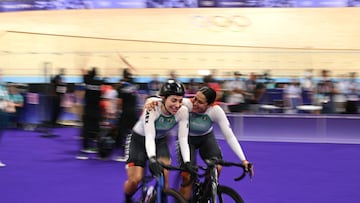 Mexico's Jessica Salazar Valles (R) and Mexico's Luz Daniela Gaxiola Gonzalez react after winning the women's track cycling team sprint final for places 5-6 of the Paris 2024 Olympic Games at the Saint-Quentin-en-Yvelines National Velodrome in Montigny-le-Bretonneux, south-west of Paris, on August 5, 2024. (Photo by SEBASTIEN BOZON / AFP)