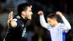 GRAF4263. San Sebasti&aacute;n, 21/01/2018.- El delantero uruguayo del Celta, Maxi G&oacute;mez, celebra el segundo gol del equipo gallego, durante el encuentro correspondiente a la jornada 20 de primera divisi&oacute;n que disputan esta tarde frente a la