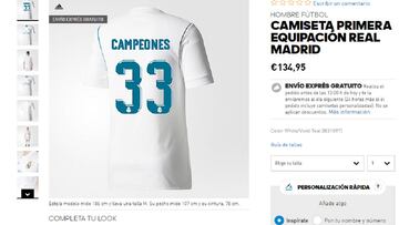 La nueva camiseta del Real Madrid puede comprarse con el dorsal 33 y la palabra &quot;campeones&quot;.