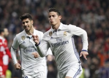 James vuelve con su magia y marca doblete en el duelo del Real Madrid contra el Sevilla, partido de ida de los octavos de final de la Copa del Rey.