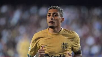 Barcelona's Brazilian forward Raphinha reacts during the Spanish league football match between Valencia CF and FC Barcelona at the Mestalla stadium in Valencia on October 29, 2022. (Photo by JOSE JORDAN / AFP) (Photo by JOSE JORDAN/AFP via Getty Images)