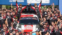 Kalle Rovanpera (FIN) and Jonne Halttunen (FIN) of team Toyota Gazoo Racing celebrate on the podium after winning the World Rally Championship in Lamia, Greece on 10.09.2023 // Jaanus Ree / Red Bull Content Pool // SI202309100451 // Usage for editorial use only // 