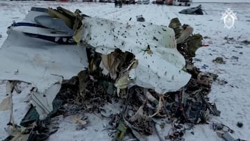 A view shows the wreckage of the Russian Ilyushin Il-76 military transport plane near the village of Yablonovo in the Belgorod region, Russia, in this still image from video published January 25, 2024. Russian Investigative Committee/Handout via REUTERS ATTENTION EDITORS - THIS IMAGE HAS BEEN SUPPLIED BY A THIRD PARTY. NO RESALES. NO ARCHIVES. MANDATORY CREDIT. PICTURE WATERMARKED AT SOURCE.