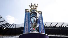 FILED - 06 May 2018, England, Manchester: The Premier League trophy is pictured during an English Premier League soccer match. English Premier League championship faces a fine of 762 million pounds (about 935 million dollars) if the current season of the 