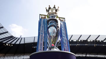 FILED - 06 May 2018, England, Manchester: The Premier League trophy is pictured during an English Premier League soccer match. English Premier League championship faces a fine of 762 million pounds (about 935 million dollars) if the current season of the