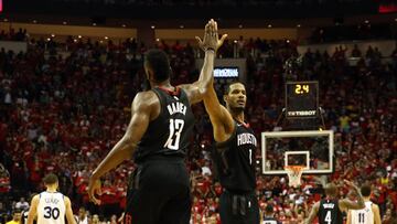 May 24, 2018; Houston, TX, USA; Houston Rockets guard James Harden (13) and forward Trevor Ariza (1) high-five during the fourth quarter in game five of the Western conference finals of the 2018 NBA Playoffs against the Golden State Warriors at Toyota Cen