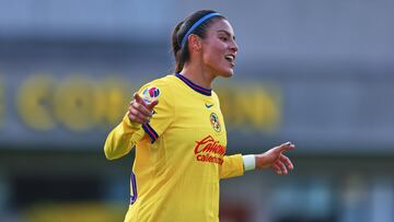 Karen Luna celebrates her goal 5-0 of America during the 12th round match between America and Puebla as part of the Torneo Clausura 2025, Liga MX Femenil at Cancha Centenario on March 12, 2025 in Mexico City, Mexico.