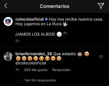 El comentario de Brian Fernández en el Instagram de Colo Colo.