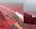 Intensas lluvias tiñen de rojo una playa en Irán