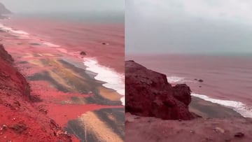 Intensas lluvias tiñen de rojo una playa en Irán