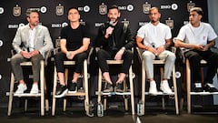 French goalkeeper Hugo Lloris (C) speaks at a press conference after signing with Los Angeles FC in Los Angeles, California, on February 14, 2024 as John Thorrington (L), LAFC Co-President and General Manager, and new signings midfielder Eduard Atuesta, forward Tomas ?Angel defender Omar Campos look on. Major League Soccer's Los Angeles FC completed the signing of French World Cup winning goalkeeper Hugo Lloris after he terminated his contract with Tottenham Hotspur on December 30, 2023. The 37-year-old was France's first-choice 'keeper when they won the 2018 World Cup by beating Croatia in the final and also played in the epic 2022 final which the French lost to Argentina on penalties. (Photo by Frederic J. Brown / AFP)
