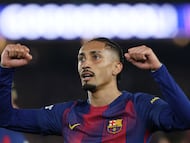 Barcelona's Brazilian forward #11 Raphinha celebrates scoring his team's seventh goal during the UEFA Champions League last 16 second leg football match between FC Barcelona and Newcastle United at the Camp Nou stadium in Barcelona, on March 18, 2026. (Photo by Lluis GENE / AFP)