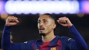 Barcelona's Brazilian forward #11 Raphinha celebrates scoring his team's seventh goal during the UEFA Champions League last 16 second leg football match between FC Barcelona and Newcastle United at the Camp Nou stadium in Barcelona, on March 18, 2026. (Photo by Lluis GENE / AFP)