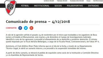 River tramitará la expulsión como socio del hincha detenido