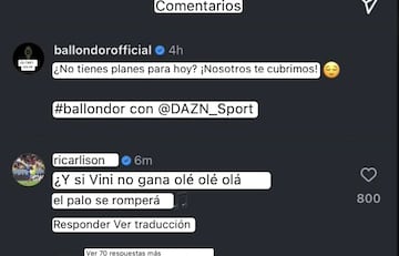 Richarlison responde en Instagram a la cuenta oficial del Balón de Oro.