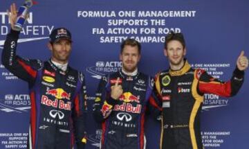 Mark Webber, Sebastian Vettel y Romain Grosjean.