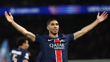 Paris Saint-Germain's Moroccan defender #02 Achraf Hakimi celebrates after scoring a goal during the UEFA Champions League semi-final second leg football match between Paris Saint-Germain (PSG) and Arsenal at the Parc des Princes stadium in Paris, on May 7, 2025. (Photo by FRANCK FIFE / AFP)
