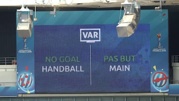NICE, FRANCE - JULY 06: The Big Screen inside the stadium shows that a VAR review has resulted in an England goal being disallowed during the 2019 FIFA Women's World Cup France 3rd Place Match match between England and Sweden at Stade de Nice on July