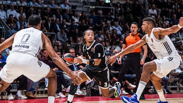 Carsen Edwards, escolta de la Virtus, ante Tyles Lyles y Walter Tavares, del Madrid.