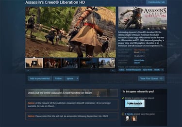 Assassin's Creed Liberation HD is "no longer available for sale" on Steam