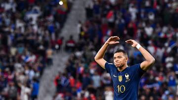 Kylian MBAPPE of France celebrates his goal during the FIFA World Cup Qatar 2022, Round of 16 match between France and Poland at Al Thumama Stadium on December 4, 2022 in Doha, Qatar. (Photo by Baptiste Fernandez/Icon Sport via Getty Images)