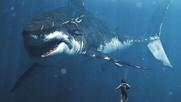 Dos buceadores interactúan con un megalodón, un tiburón gigante, bajo el agua.