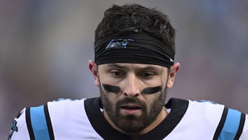 CHARLOTTE, NORTH CAROLINA - OCTOBER 09: Baker Mayfield #6 of the Carolina Panthers walks off the field at halftime against the San Francisco 49ers at Bank of America Stadium on October 09, 2022 in Charlotte, North Carolina.   Eakin Howard/Getty Images/AFP