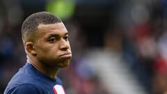 Paris Saint-Germain's French forward Kylian Mbappe reacts during the French L1 football match between Paris Saint-Germain (PSG) and FC Lorient at The Parc des Princes Stadium in Paris on April 30, 2023. (Photo by FRANCK FIFE / AFP)