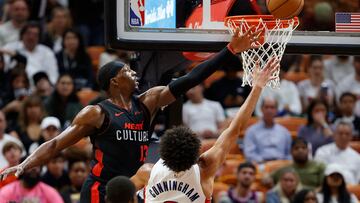 Mar 5, 2024; Miami, Florida, USA; Miami Heat center Bam Adebayo (13) defends Detroit Pistons guard Cade Cunningham (2) during the second half at Kaseya Center. Mandatory Credit: Rhona Wise-USA TODAY Sports