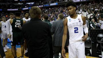 WASHINGTON, DC - MARCH 31: Cam Reddish #2 of the Duke Blue Devils reacts after being defeated by the Michigan State Spartans in the East Regional game of the 2019 NCAA Men's Basketball Tournament at Capital One Arena on March 31, 2019 in Washington, DC. The Michigan State Spartans defeated the Duke Blue Devils with a score of 68 to 67. Rob Carr/Getty Images/AFP
== FOR NEWSPAPERS, INTERNET, TELCOS & TELEVISION USE ONLY ==