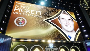 Apr 28, 2022; Las Vegas, NV, USA; Pittsburgh quarterback Kenny Pickett is announced as the twentieth overall pick to the Pittsburgh Steelers during the first round of the 2022 NFL Draft at the NFL Draft Theater. Mandatory Credit: Kirby Lee-USA TODAY Sports