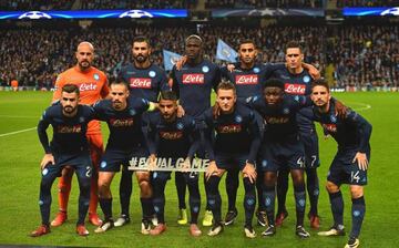 (LtoR) Napoli's Albanian defender Elseid Hysaj, Napoli's Spanish goalkeeper Pepe Reina, Napoli's Slovakian midfielder Marek Hamsik , Napoli's Spanish defender Raul Albiol, Napoli's Italian striker Lorenzo Insigne, Napoli's French-born Senegalise defender 