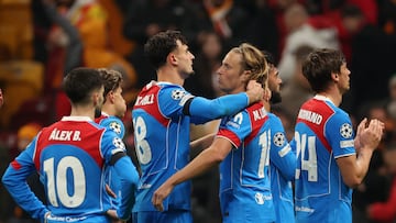 Soccer Football - UEFA Champions League - Galatasaray v Atletico Madrid - Rams Park, Istanbul, Turkey - January 21, 2026 Atletico Madrid's Marc Pubill and Marcos Llorente after the match REUTERS/Umit Bektas